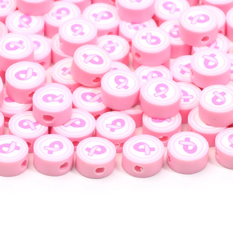 20/50pcs 9mm Pink Ribbon Pattern Polymer Clay Beads Spacer Beads for Jewelry Making DIY Handmade Bracelet Necklace Accessories