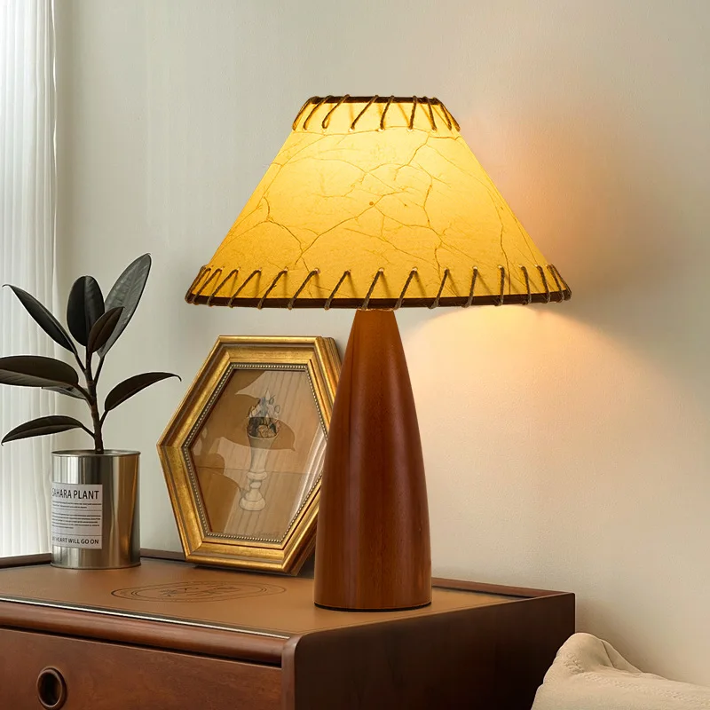

Japanese Wabi Sabi Mid Century Vintage Solid Wood Bedside Table Lamp Warm Ambient Decor for Bedroom Vacation Rental Home LED