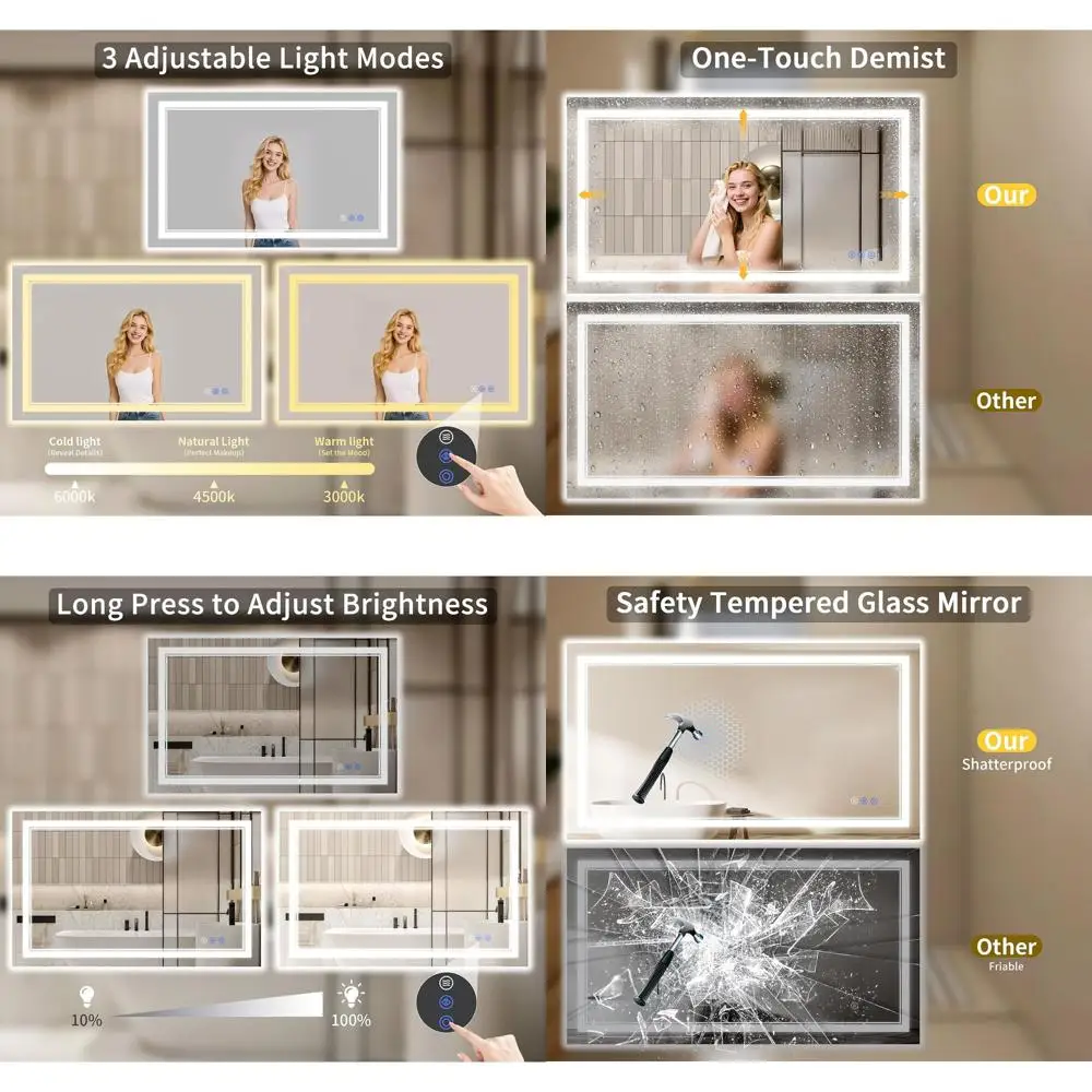 

Светодиодное зеркало для ванной комнаты с регулируемой яркостью 32x48, противотуманное, подсветка и передняя подсветка, 3 варианта цвета, косметическое зеркало из закаленного стекла