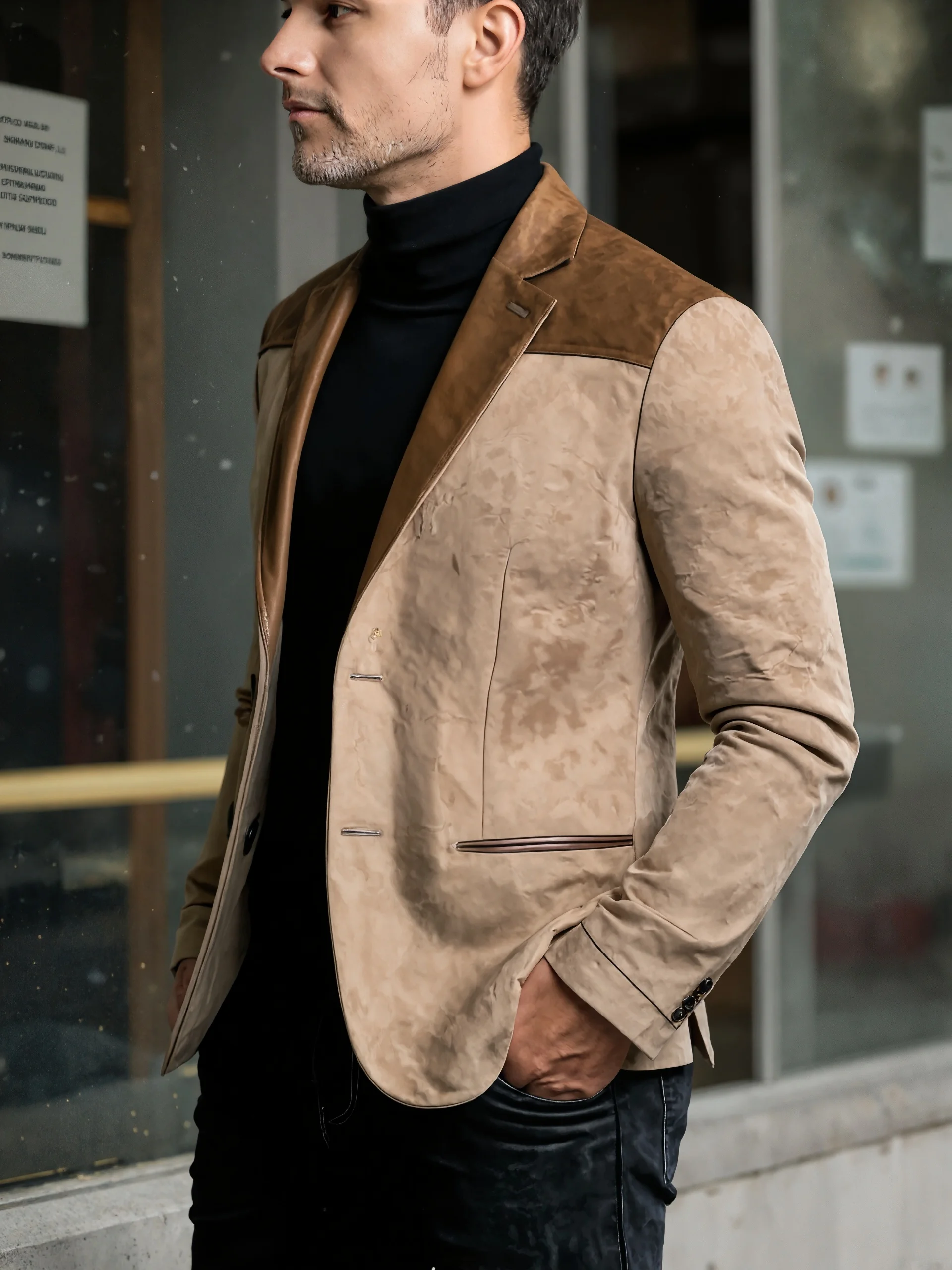 

Men's Velvet Suit Jacket Patchwork Design Long Sleeve Lapel Casual Evening Wear Comfortable Fit Street Coat Fashionable