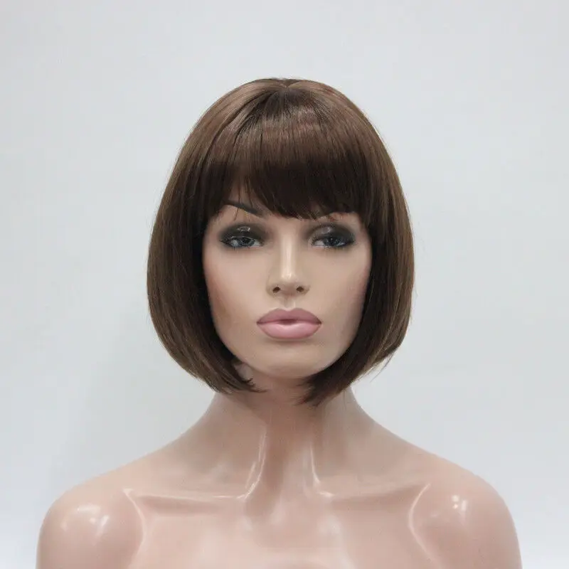 auburn short straight bangs synthetic hair women's BOB full wig center skin top