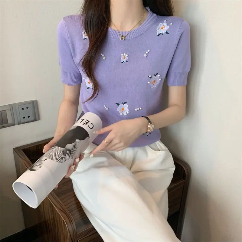 Women Summer Chic Embroidery Floral Pearl Black Knit T-Shirts 2025 Lady Graceful Slim Short Sleeve Tees Daily Joker Tops Female