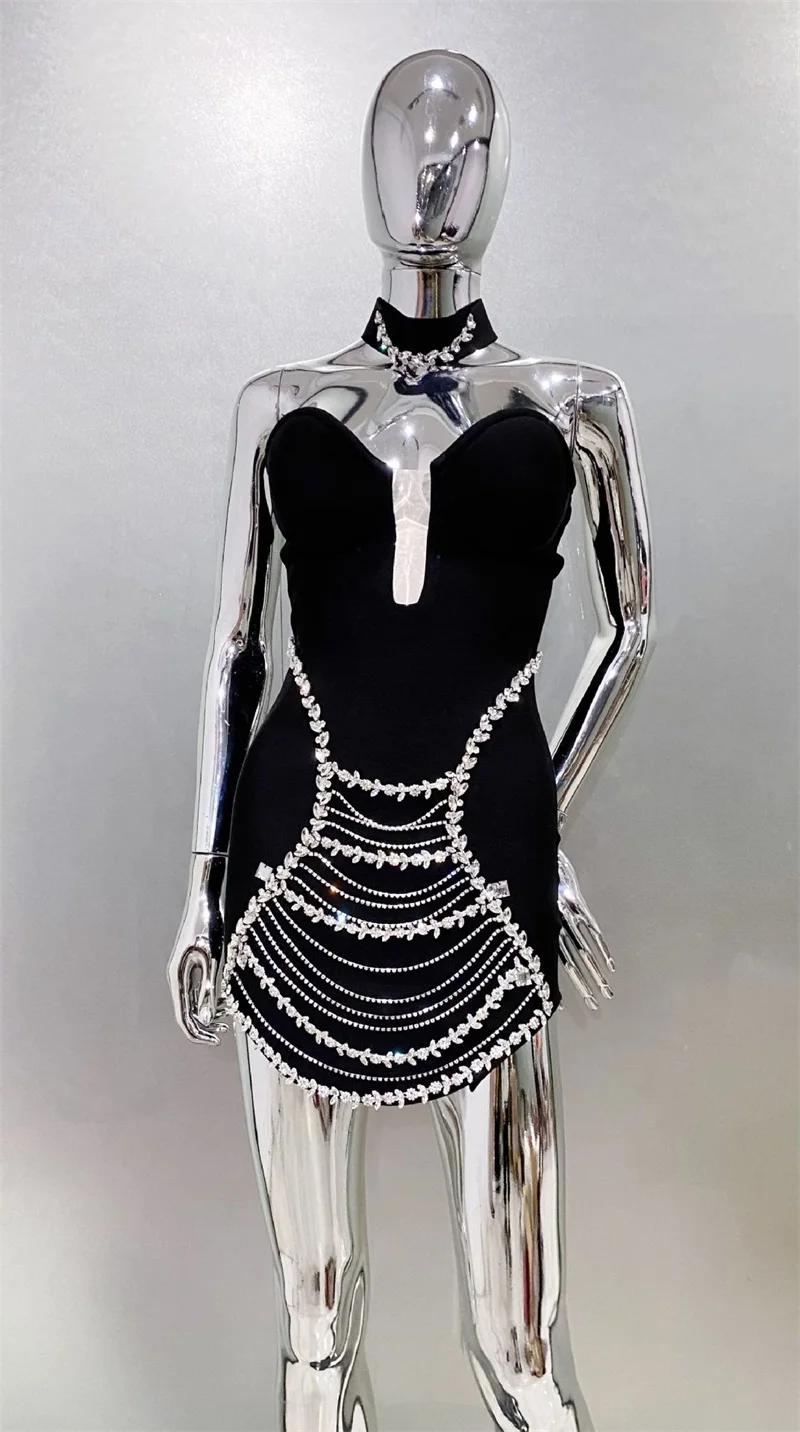 Robe de bal noire à bandes pour femmes, avec collier et cristaux, Sexy, sans manches, courte, Mini Robe de soirée de Banquet, Robe formelle d'anniversaire