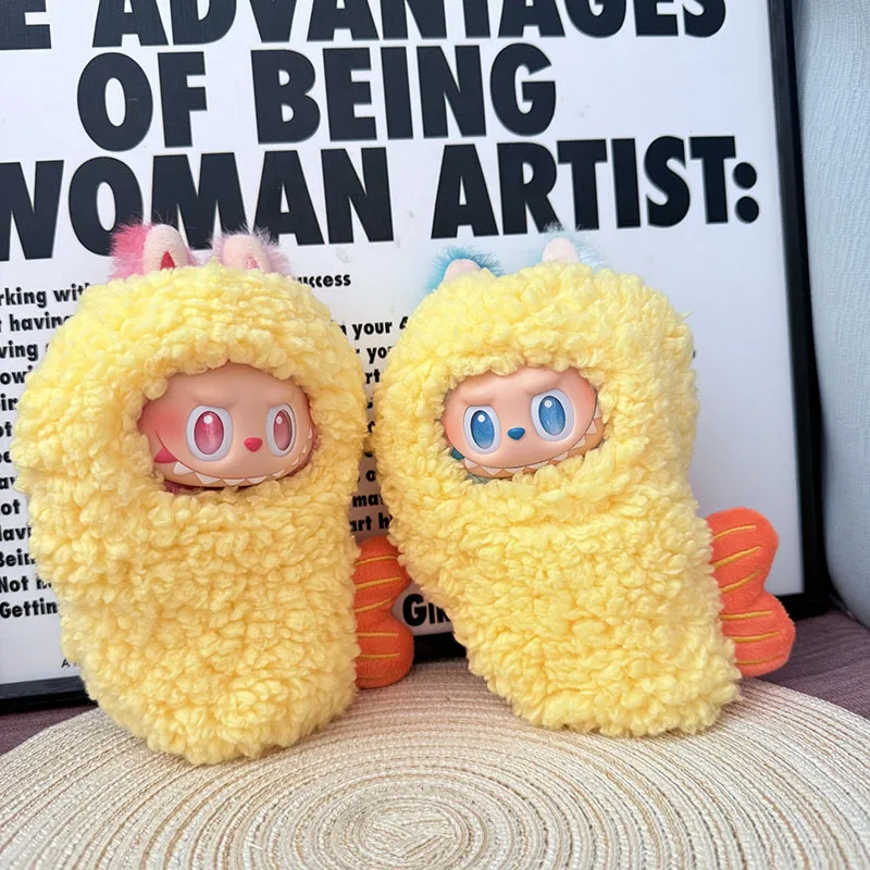 Ropa para muñeca Labubu, mono de camarones fritos, 1a, 2.a y 3.a generación, 17cm, traje amarillo para fiesta sentada Labubu