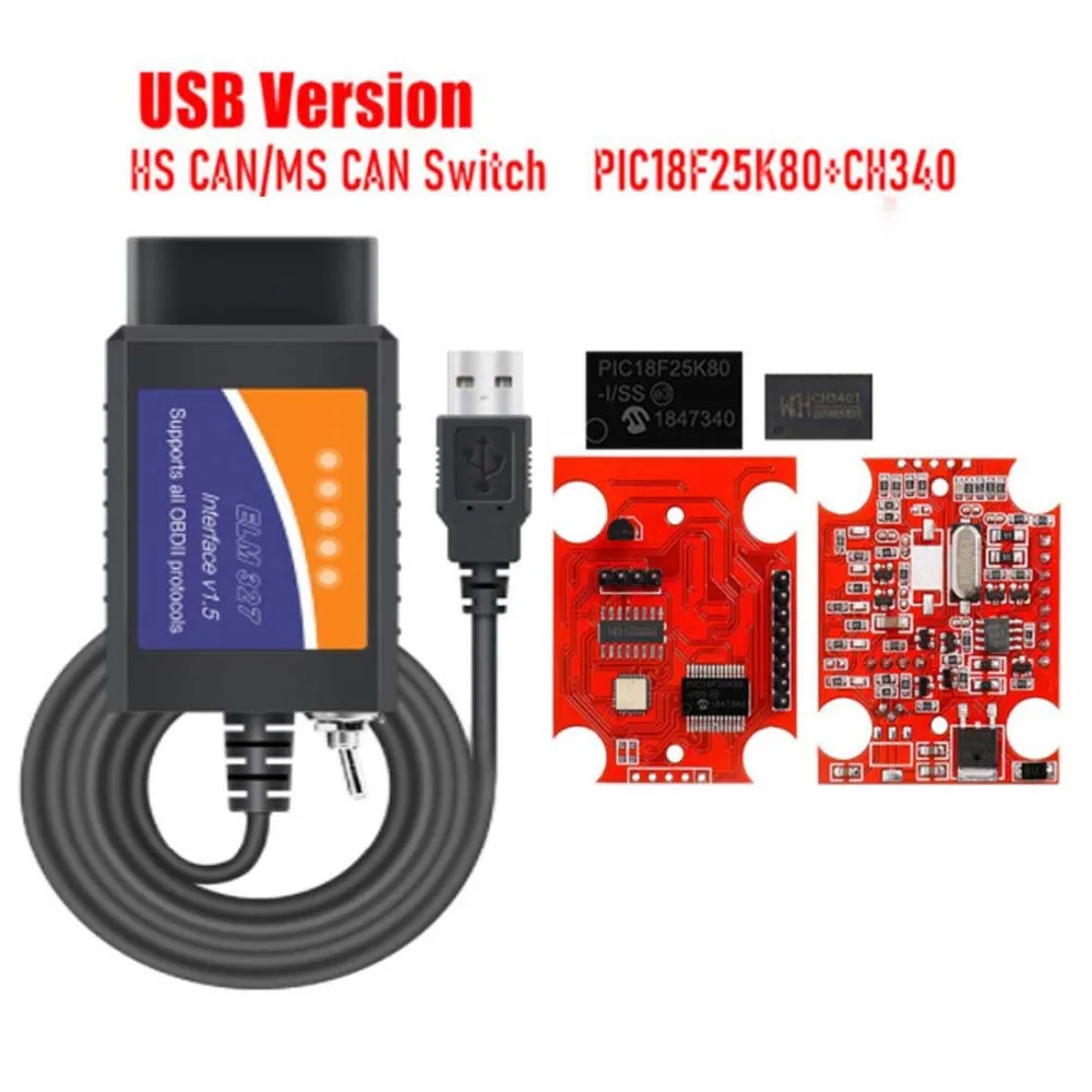FORSCan ELM327 USB Adapter OBD2 Scanner Code Reader Programming with HS/MS For Ford USB CH340 V1.5 PIC18F25K80 Chip