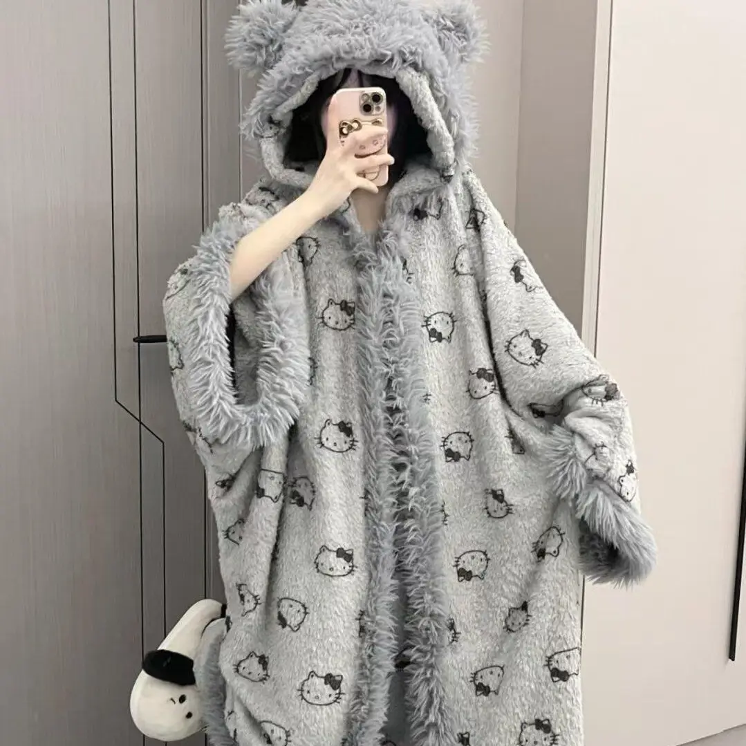 Cute Hello Kitty Winter Plush Pajama New Coral Velvet Warm Hooded Nightgowns and Pants Women\'s Thickened Home Clothes Set