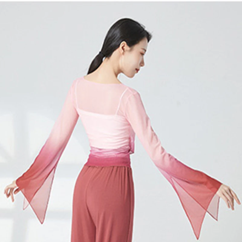 Classical Dance Gauze Top Women Gradient Color Long Flared Sleeve Shirt Flowy Body Rhyme Chinese Folk Dancewear Top Stage Outfit