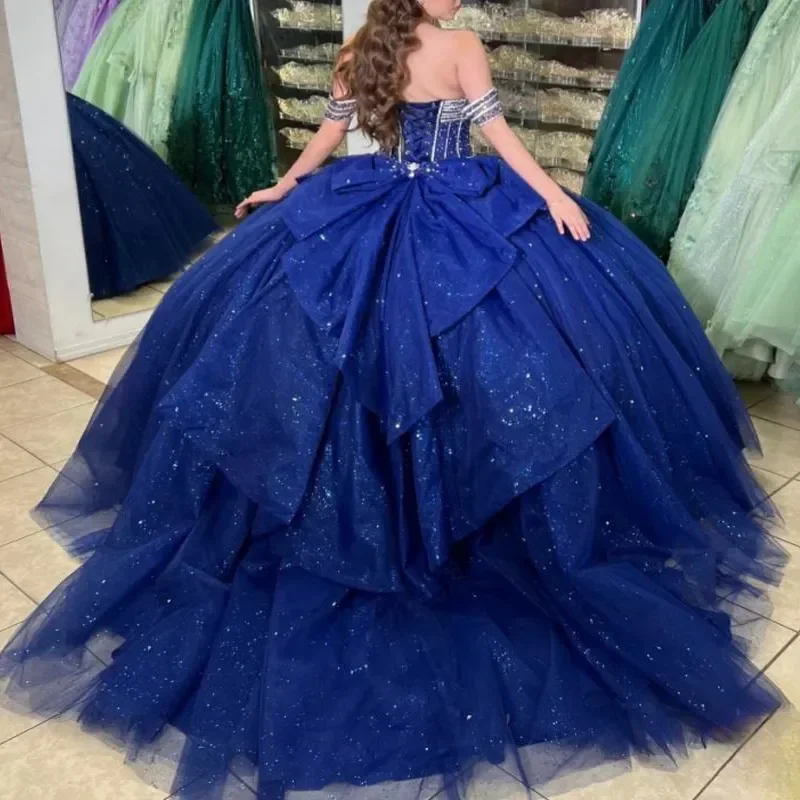 Glitter Navy Blue Quinceanera Dresses Beaded Off The ShoulderCorset  Ball Gown Bow Sweet Dress Vestido De 15 Anos Customized