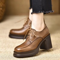 British Style Deep Mouth Soft Leather Oxford Shoes Women's Platform Pumps 2025 Spring Block High Heels Shoes for Office Mom 8CM