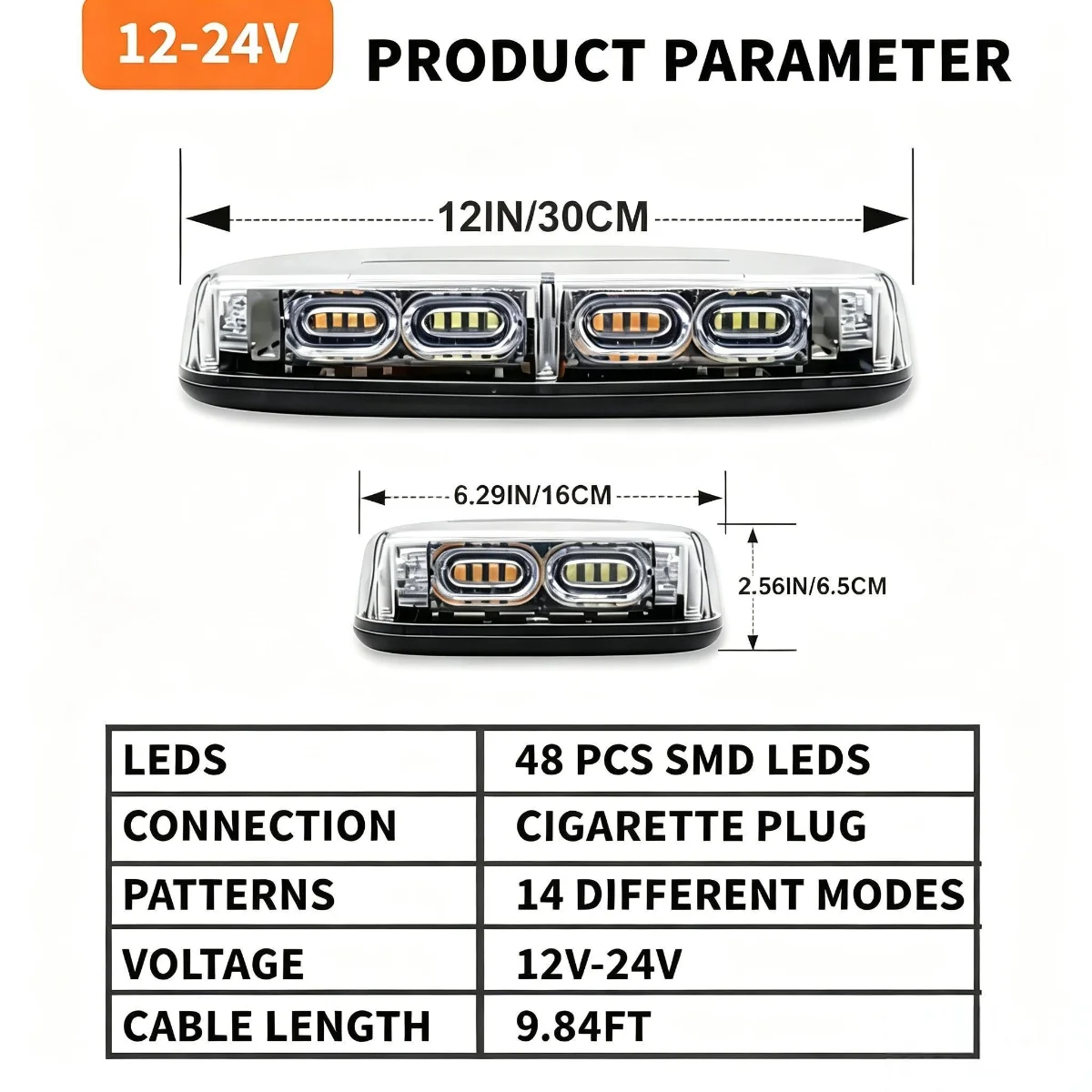 48Led Vehicle Roof Strobe Light, High Visibility Emergency Safety Warning Led Mini Strobe Light Bar, with Magnetic Base, Suitable for 12-24V Snow Plows, Trucks, and Construction Vehicles