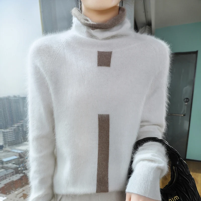 100% Mink Cashmere Sweater Women's High Neck Knitted Pullover Casual Contrasting Color Striped Base Shirt Top Warm Autumn Winter