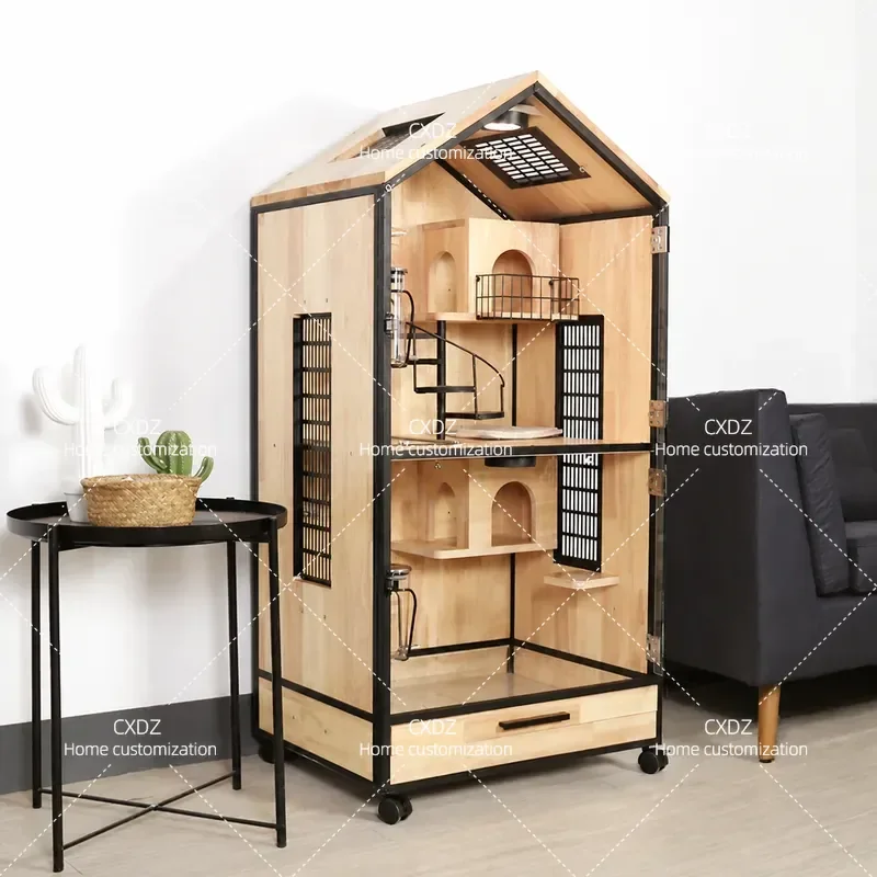 Solid Wood Chinchilla Cage Cabinet Multi Level Pet Villa for Rabbit Mink Glider with Honey Bag Hideout House Furniture