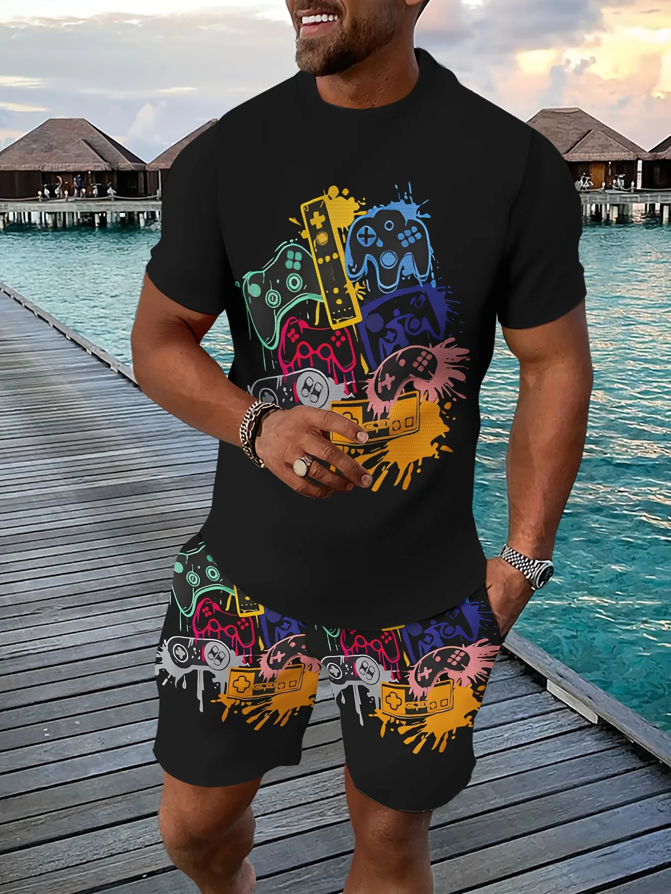 

Summer 3D Printing Set Men's Adult Leisure Sports Set Breathable Outdoor Casual Men's T-shirt Cropped Pants Set