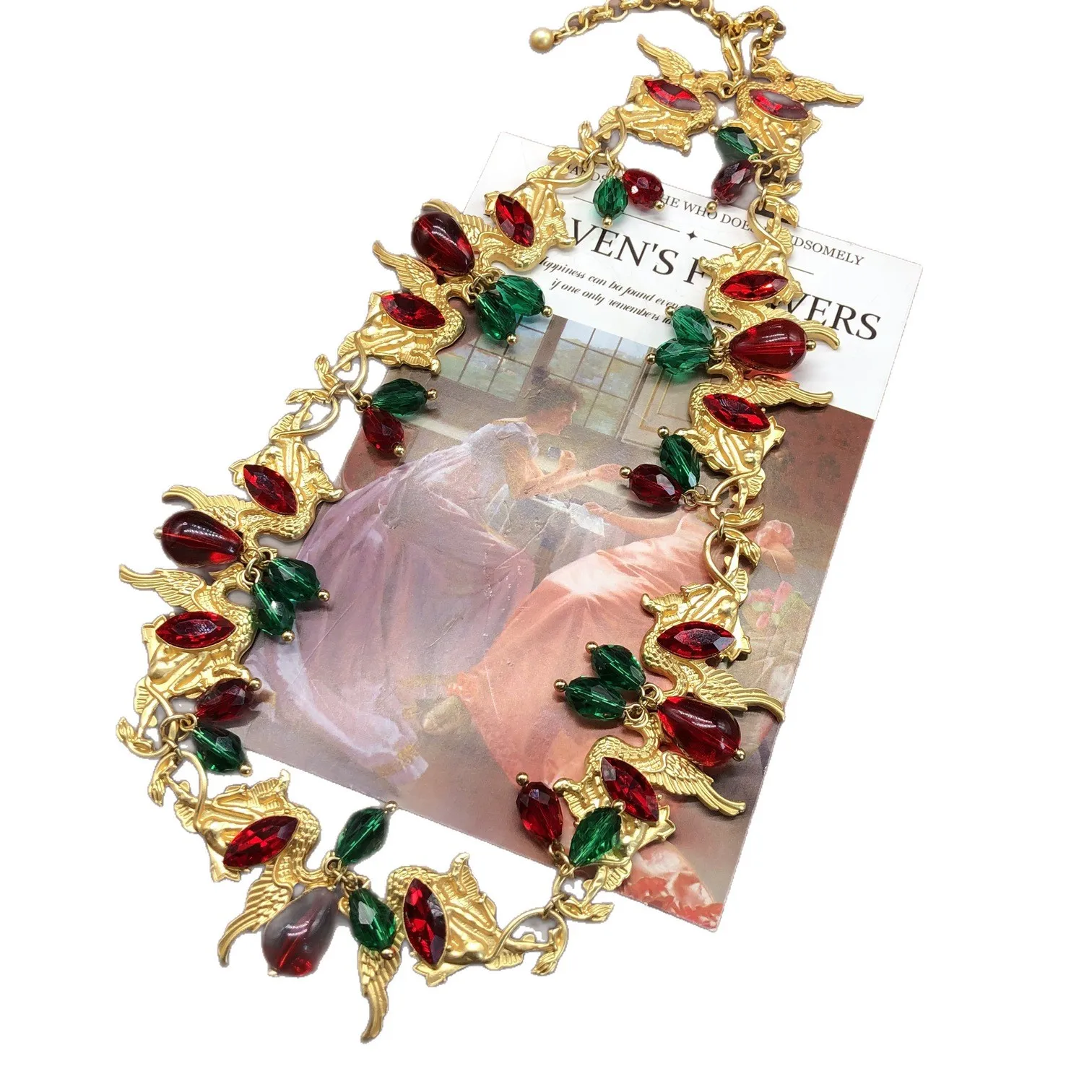 electroplated elegant red green rhinestone metal  pendant necklace sweeping shoulder earrings