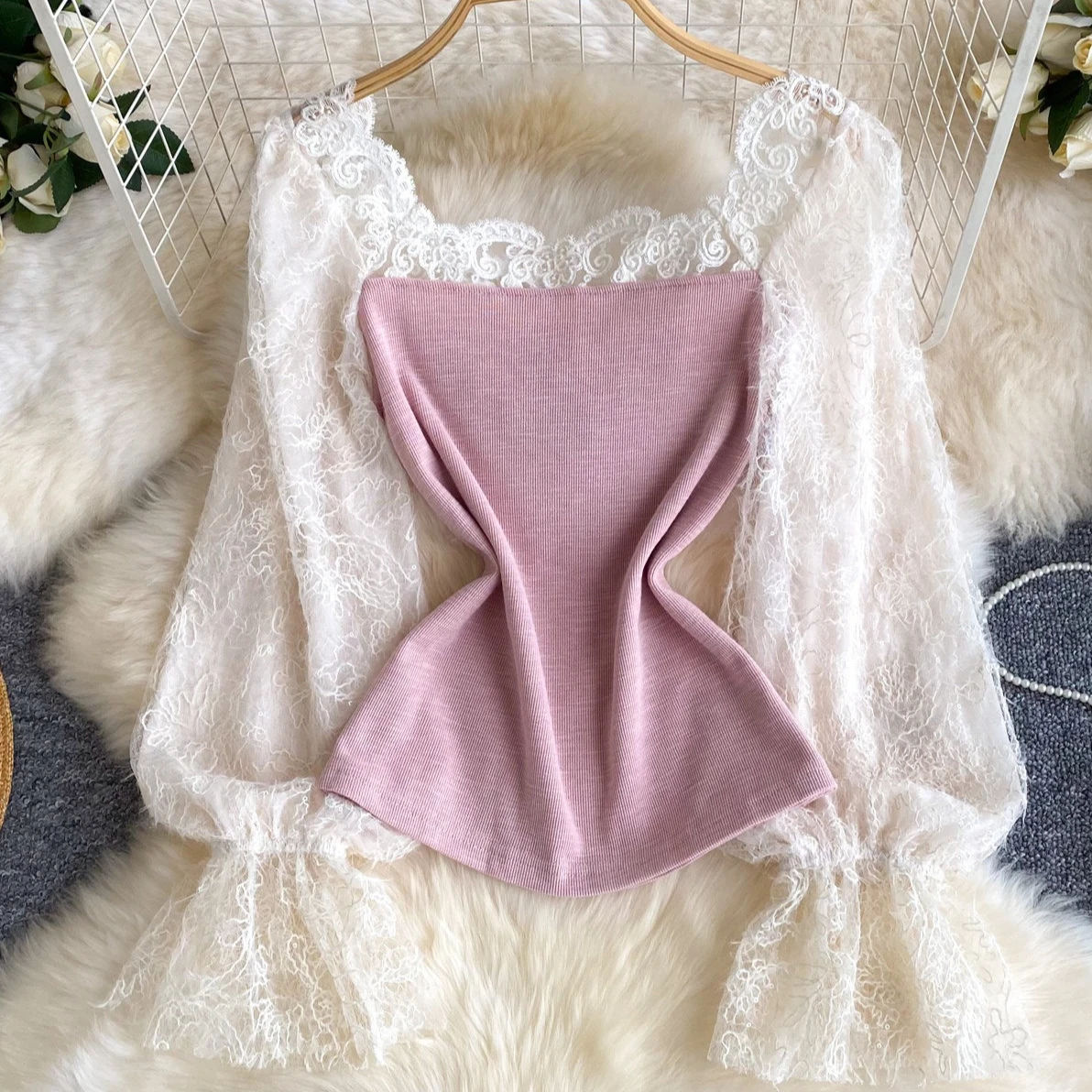 

Tops Women Top Square Collar Full Sleeve Lace Sexy Tees Y2k Streetwear Regular High Waist Elegant Work Slim Fit 2026 Spring
