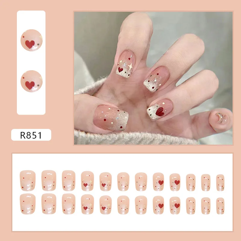 

24pcs Medium Coffin Press-On Nails - Nude Base With Dots Hearts & Stars Glitter Border Cute & Aesthetic (Multi-Size Fit)