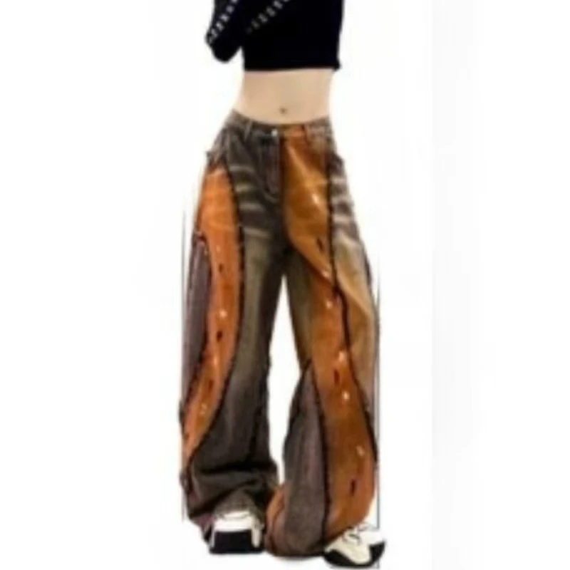 New Splicing Ripped Wide-leg Women's Spring Summer Unique Chic Straight Trendy Washed Float-mopping Jeans Exquisite Simplicity