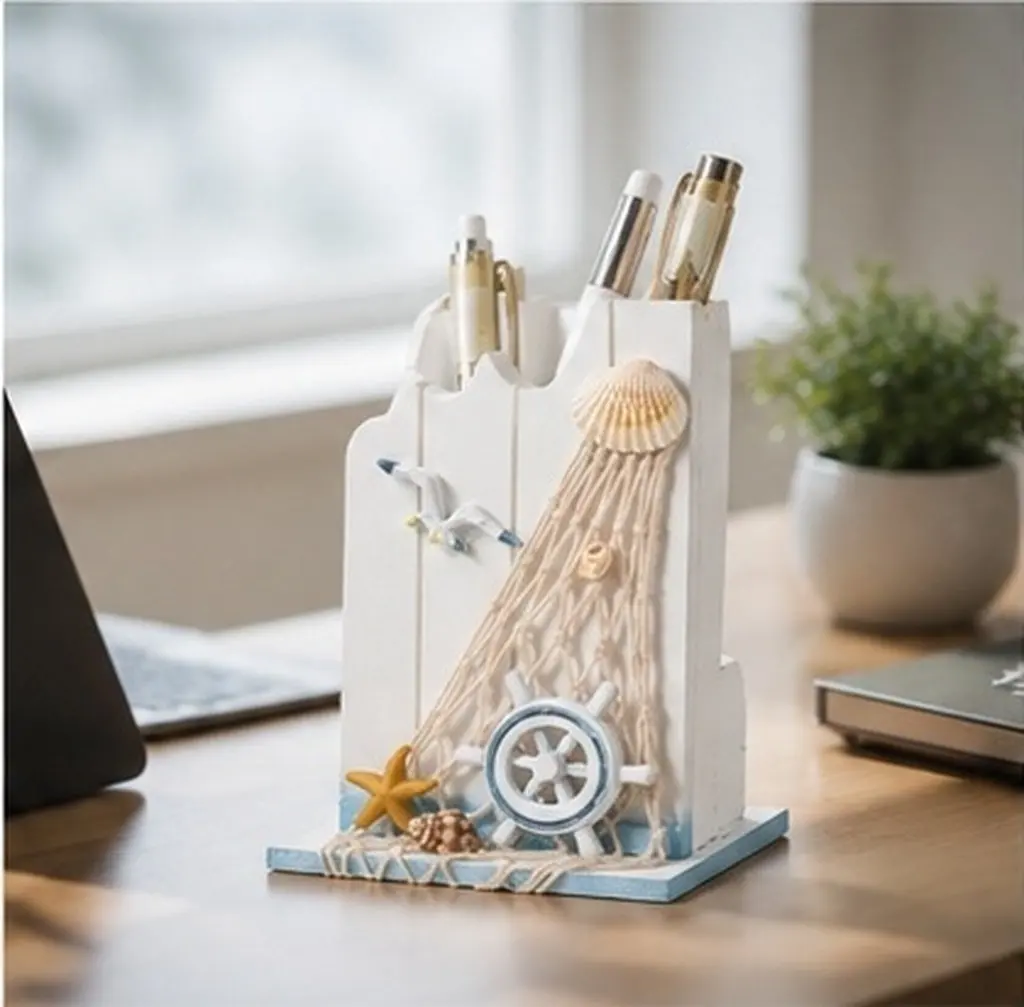 Nordic Elegant Mediterranean Style Wooden Desk Pen Holder Desktop Organizer for Office School Home Decoration Stationery Pencil
