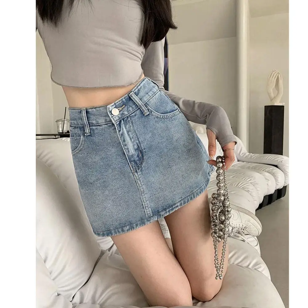 Classic High Waist Jean Skirt A-Line Retro Mini Skirt Stretchy Casual Cargo Skirt Girls