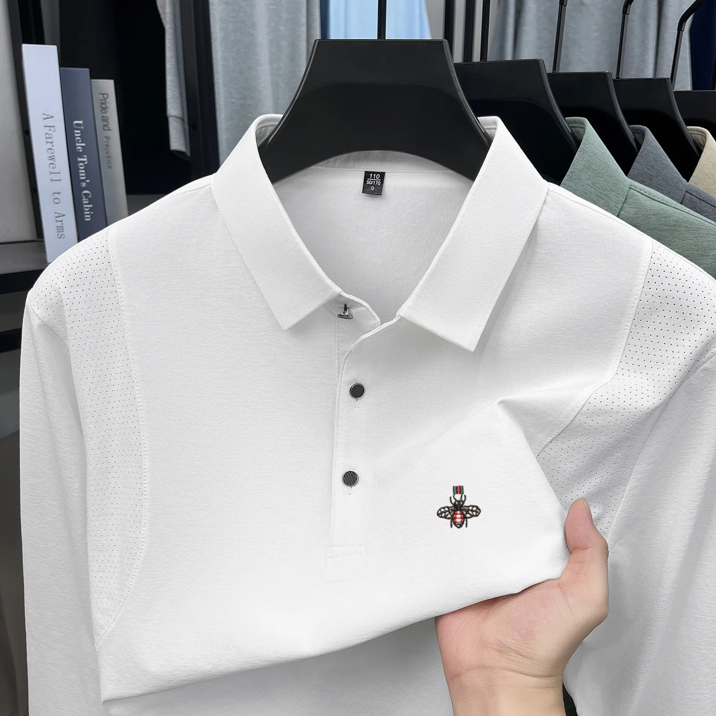 Luxury Brand Men's long sleeved T-shirt autumn fashion bee embroidery design comfortable and breathable casual lapel polo shirt