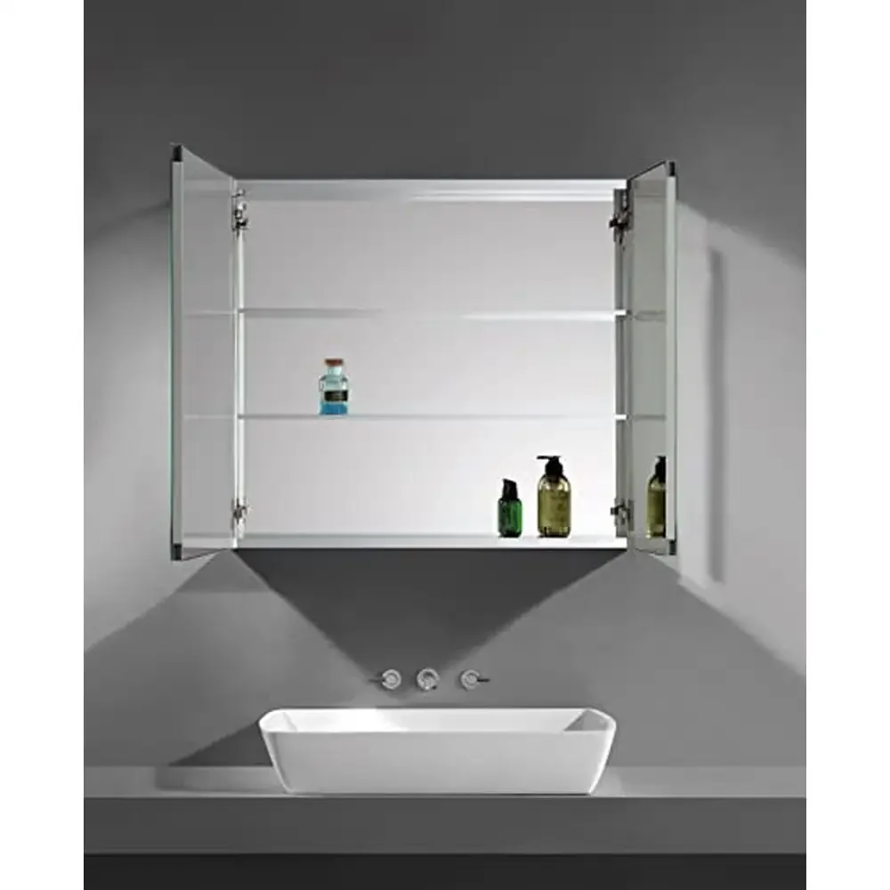 Botiquín de baño de aluminio con puerta de espejo, 30 "× 27,5", ahorro de espacio de almacenamiento, estantes ajustables, fácil instalación, cierre automático