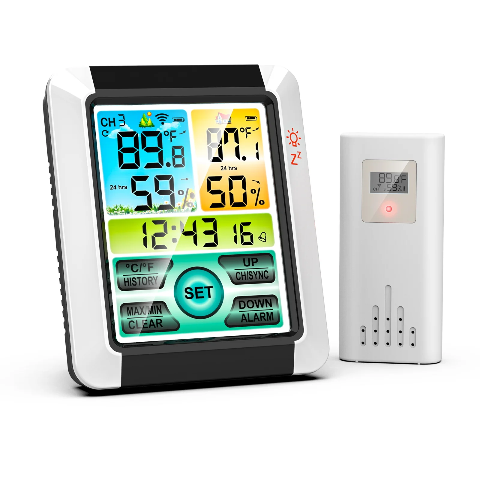 1 Set Indoor and Outdoor Wireless Temperature And Humidity Meter Color Large Screen Weather Clock LCD Touch Screen Display