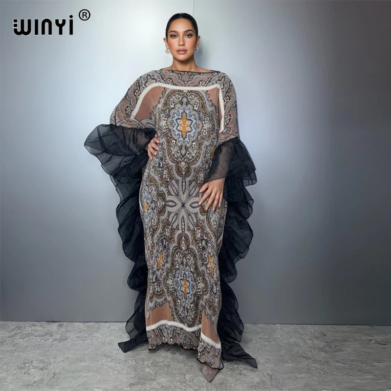 

WINYI Pleated Elastic Slim Dress Beach Cover up Kaftan Abaya Dubai Luxury Party Evening Dress for Muslim Women