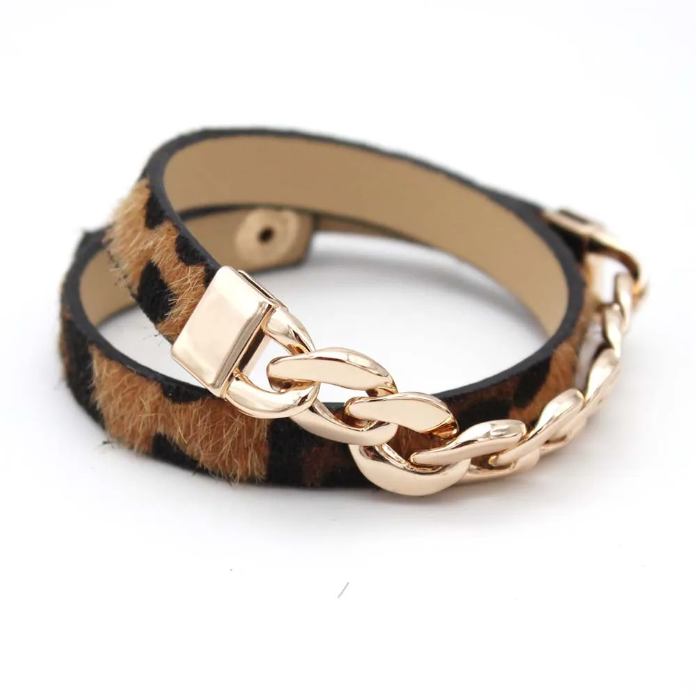 TOTABC Fashion Retro Leopard Print Double Surround Leather Bracelets For Women Unisex Bangles Pulseiras Jewelry