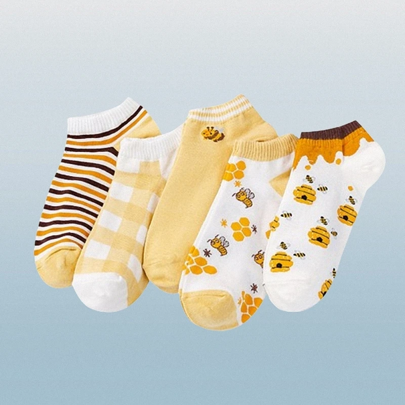 

2024 New 5/10/15 Pairs Little Bee Striped Yellow Women's Socks Cute Sweet Youth Campus Shallow Mouth Short Tube Boat Socks