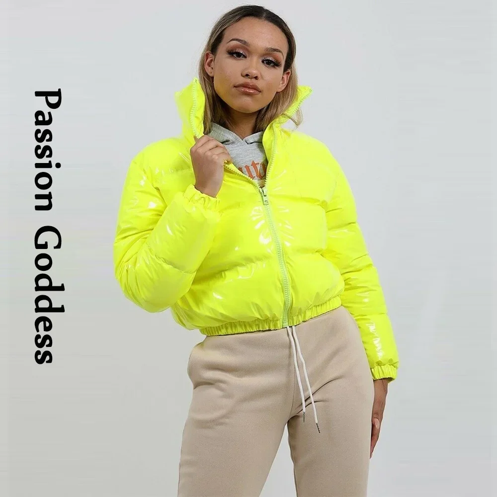 Winter Women Shiny PVC/Vinyl Down Jackets Short Puffer Bomber Jacket Bright Leather PU Cropped Parkas Down Warm Zipper Outcoats