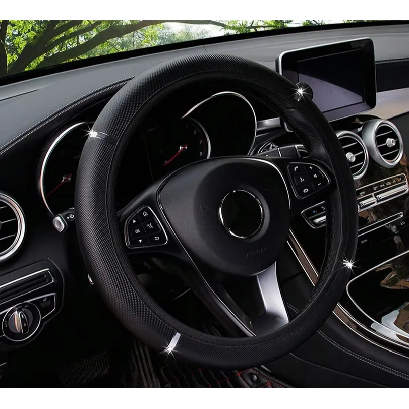 PU Leather Shiny Metal Stretchable Car Rimless Steering Wheel Cover Suitable for 14.5 - 15 Inch Car Decoration Items