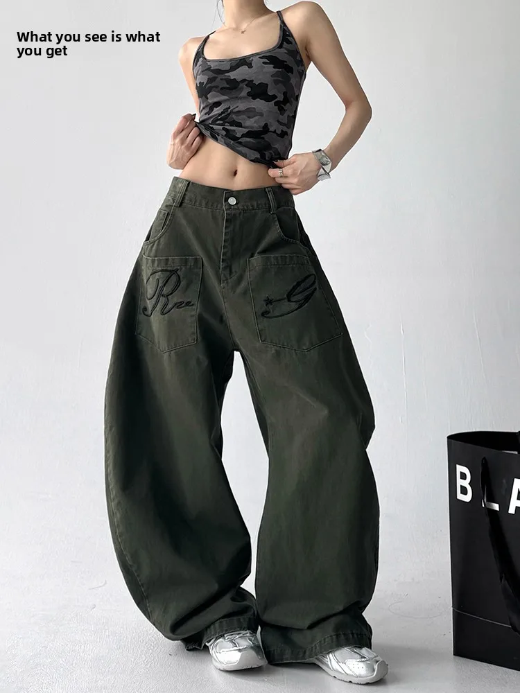 

Джинсовые брюки с вышитыми буквами в стиле ретро, свободные женские широкие джинсы с высокой талией, хлопковая эластичная ткань, темно-синие длинные брюки