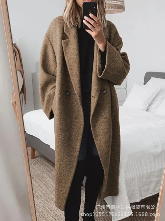 

Black Female Trench Coat Winter Accurate Tie Lazy Stitching Straight Cut Plaid Clean Coffee Slit French Mid-Long Topcoat Wool
