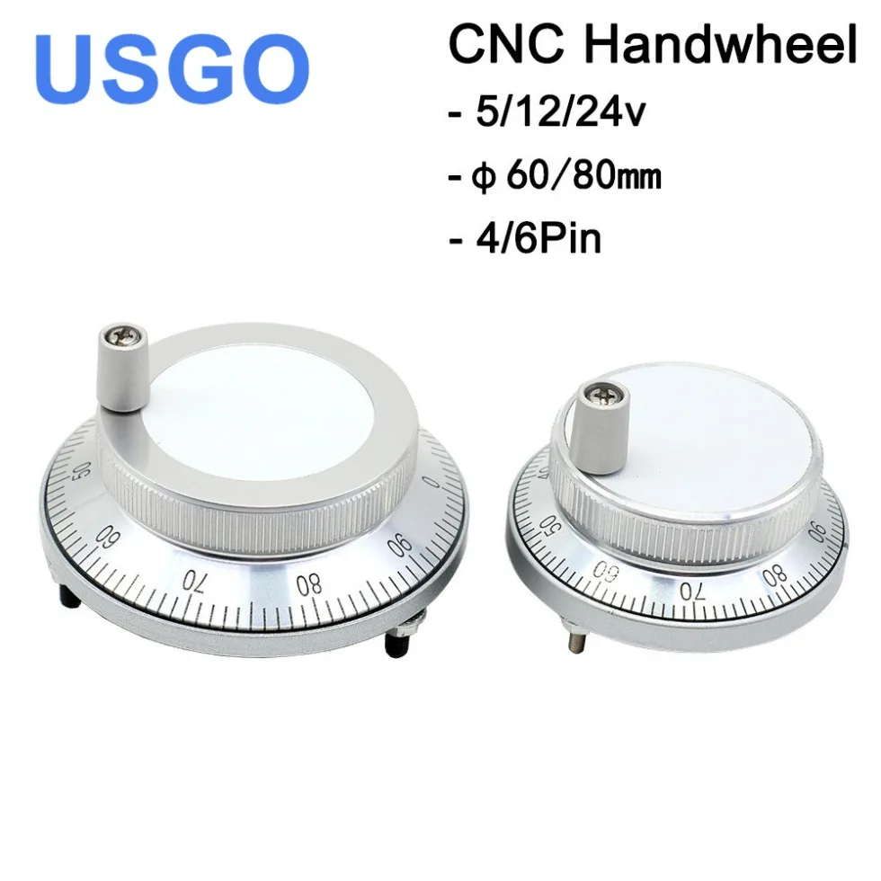 USGO CNC Pulser Handwheel 5/12/24V 6pin Pulse 100 Manual Pulse Generator Hand Wheel CNC Machine 60mm 80mm Rotary Encoder