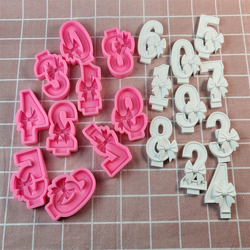 Birthday Number Candle Silicone Mold DIY Bowknot Number Fondant Cake Chocolate Candy Mould Craft Making Baby Shower Baking Tool