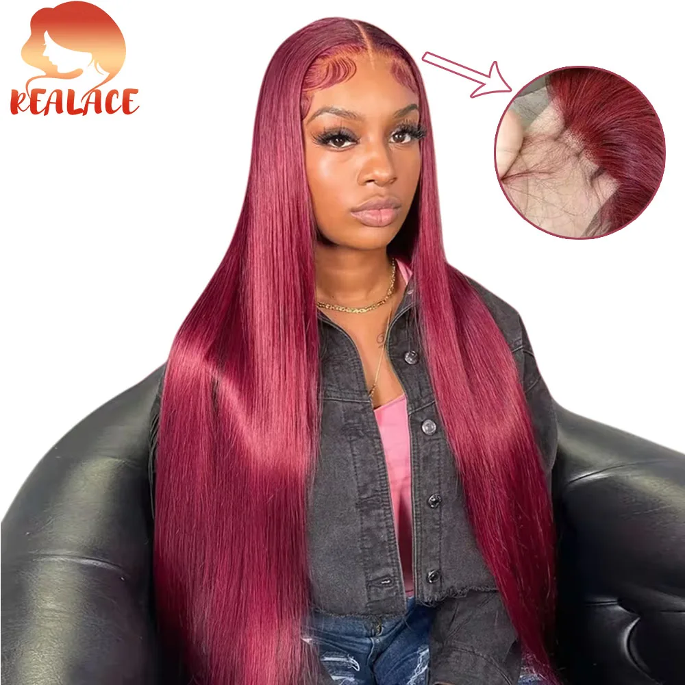 

Бургундский парик из натуральных прямых волос 99J, 13x4, с кружевной передней частью, бразильский парик с фронтальным кружевом, мягкий винно-красный парик с HD-кружевом, прямой парик