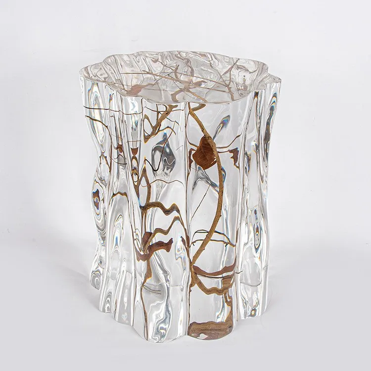 Clear Resin Stool Embedded Natural Wood Modern Acrylic Side Table Art Decorative Ottoman for Living Room Bedroom Hotel