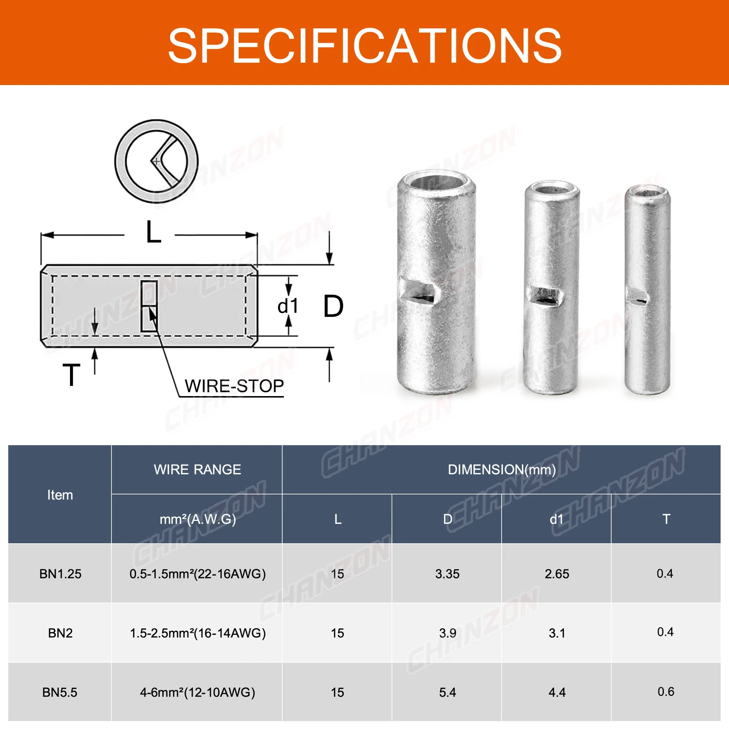 50PCS BN1.25 BN2 BN5.5 Tinned Red Copper Non Insulated Butt Joint Wire Connectors Crimp Splices Cable Sleeve Terminals 22-10Awg