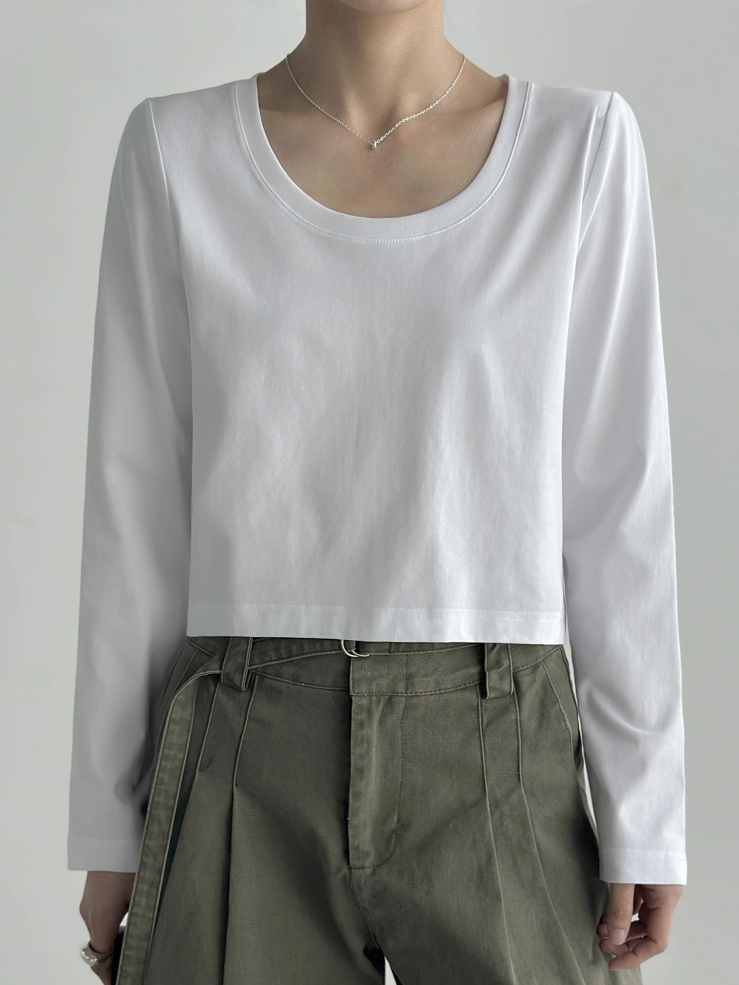 

Cotton High Waist U-Neck Long Sleeve T-Shirt Women's Loose Commuter Base Shirt Belly Button Exposure Casual Top
