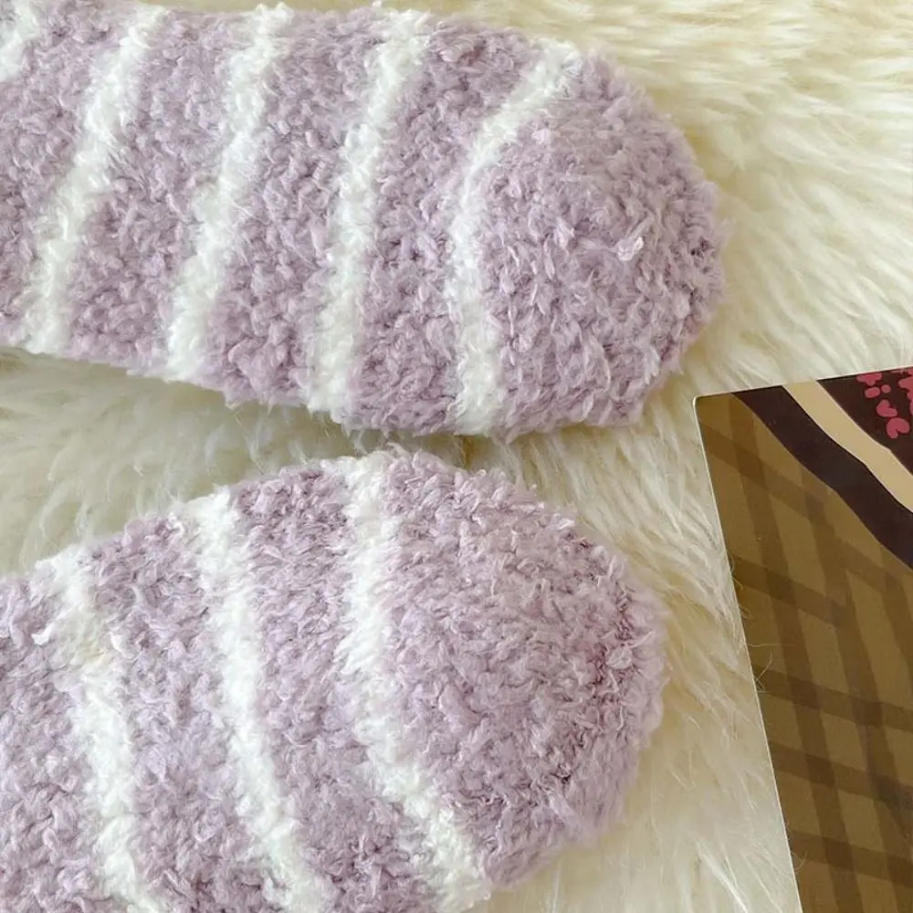 6 pares de calcetines de lana Coral a rayas a la moda, calcetines de terciopelo gruesos y cálidos de felpa, calcetines suaves para dormir de retales para niñas