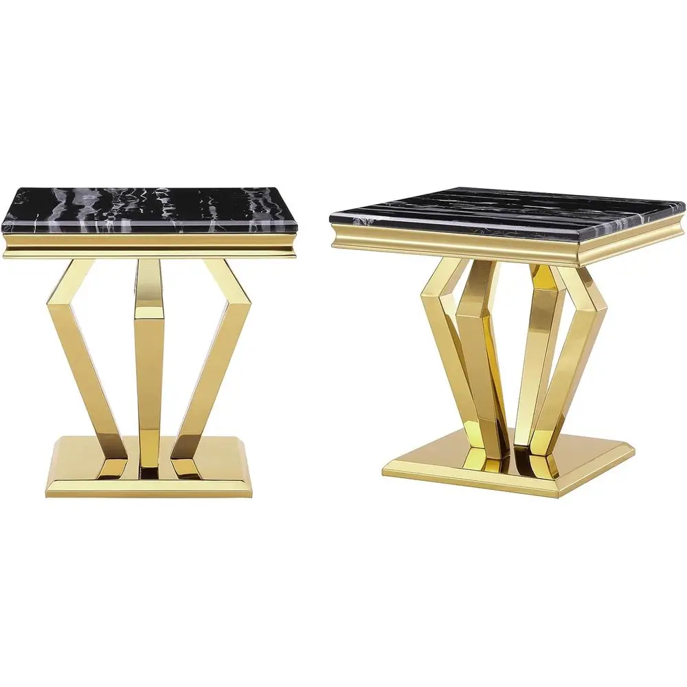 

Gold End Table Set o 2, 22" Living Room Side Table with Gorgeous StainlSteel Geometric Base in Black Gold