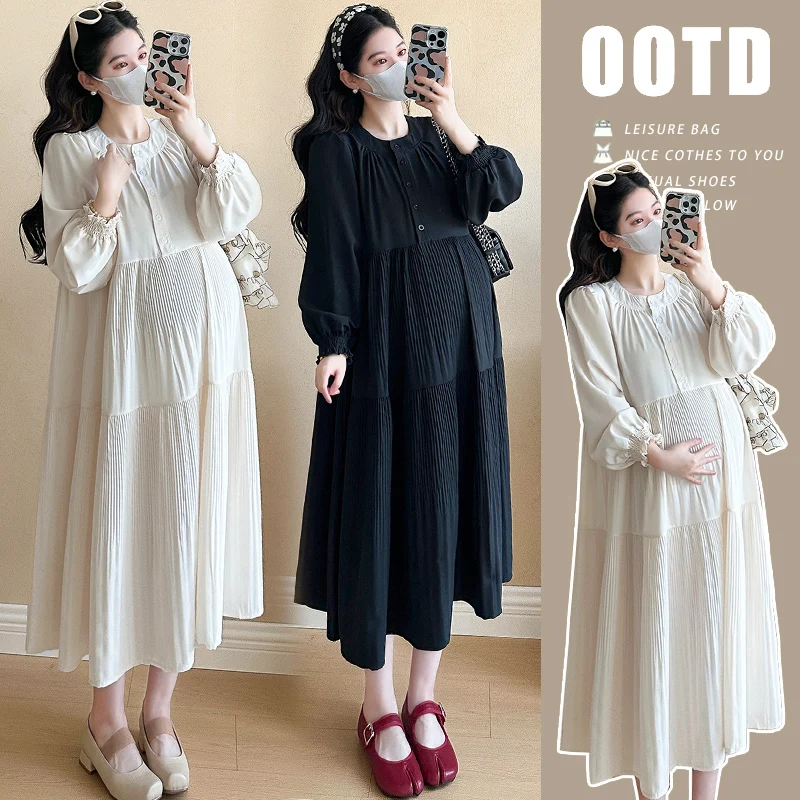 

25SS Spring Summer Korean Fashion Loose Slim Pleated Simple Lazy Literary Style Elegant Gentle Casual Maternity Dress Pregnancy