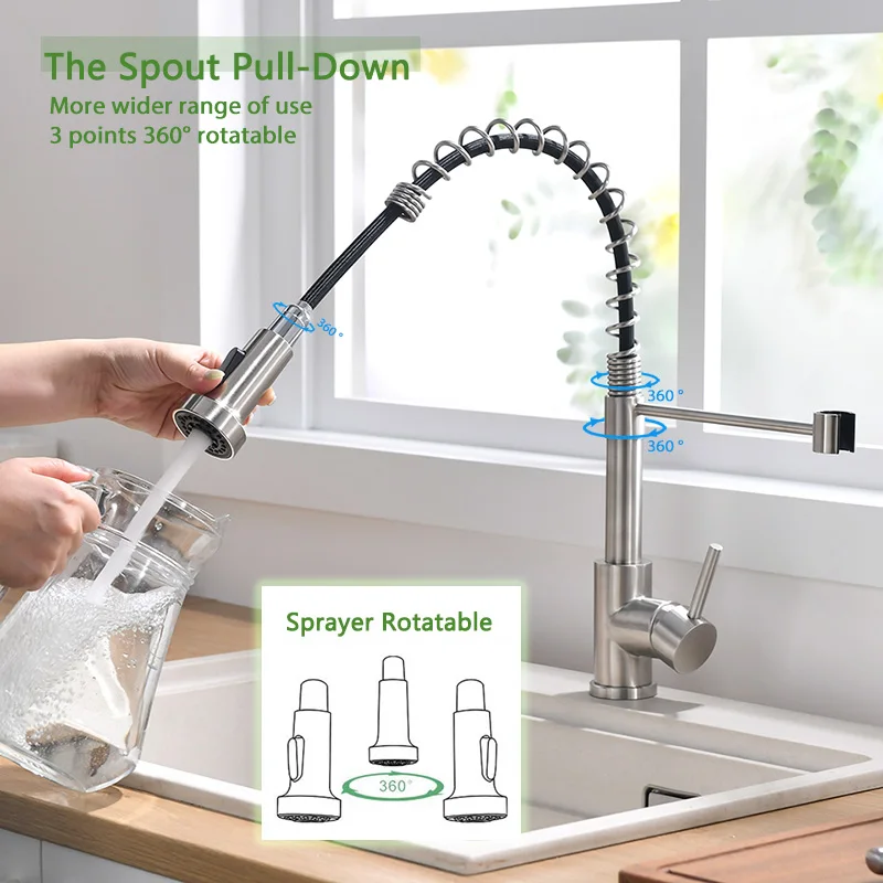 Grifo extraíble para fregadero de cocina, mezclador de agua fría y caliente, níquel cepillado, negro y oro cepillado, caño giratorio