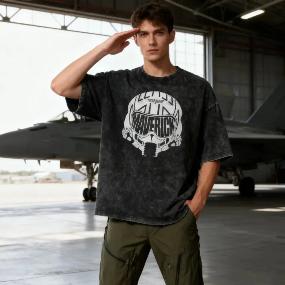 

Top Gun Maverick Helmet Graphic Tee Men's Distressed Washed Tshirt Male Retro Movie-themed Casual Comfortable Streetwear T-shirt