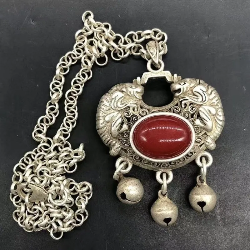 Ethnic Retro Pixiu Longevity Lock Pendant Bell Hundred Blessing Vintage Sweater Chain Ornament