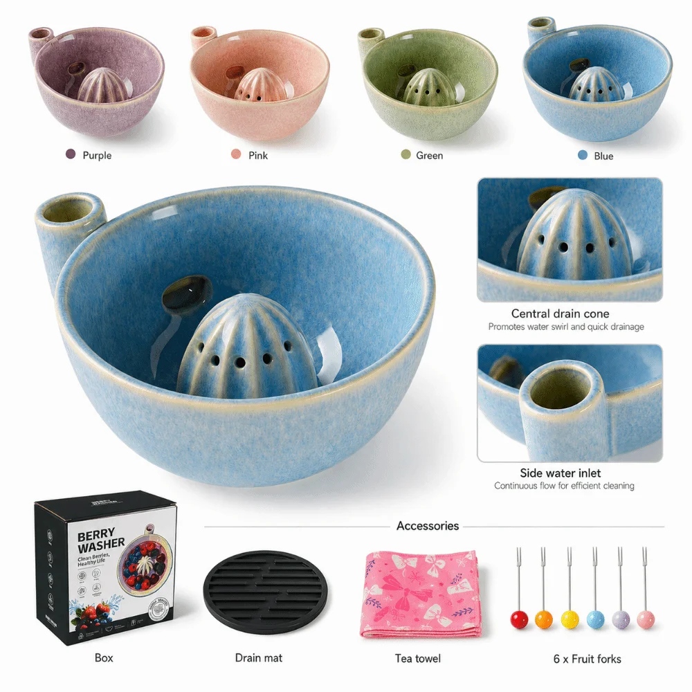 Ceramic Berry Swirl Bowl Rotating Water Flow Central Drain Berry Washing Bowl Side Water Inlet Self-Rinsing Structure