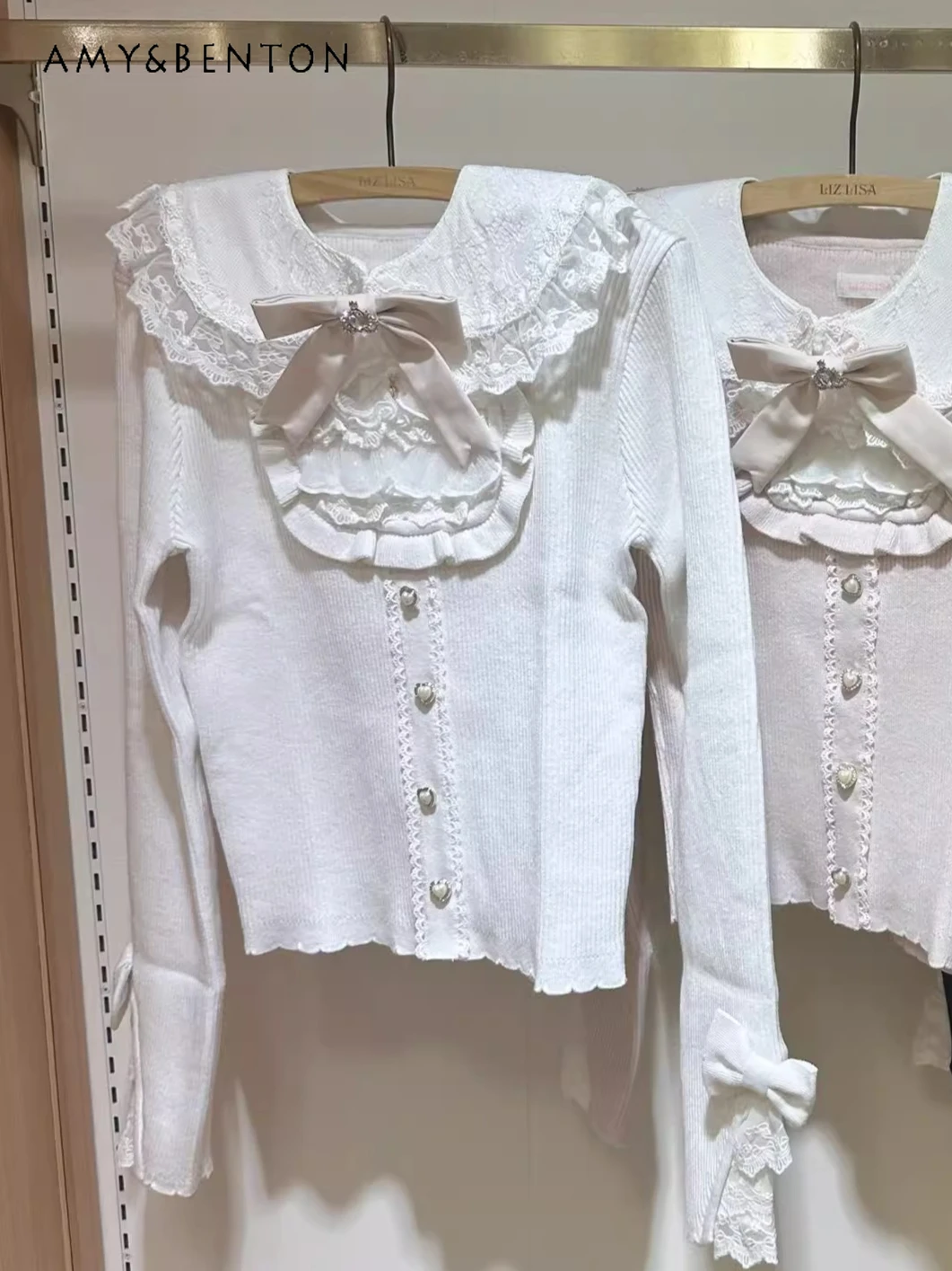 

Японский Liz, новинка зимы, милая девушка, серия Mine, бант, кукольный воротник, бант, топ с длинными рукавами, милый вязаный свитер, женский массовый производственный