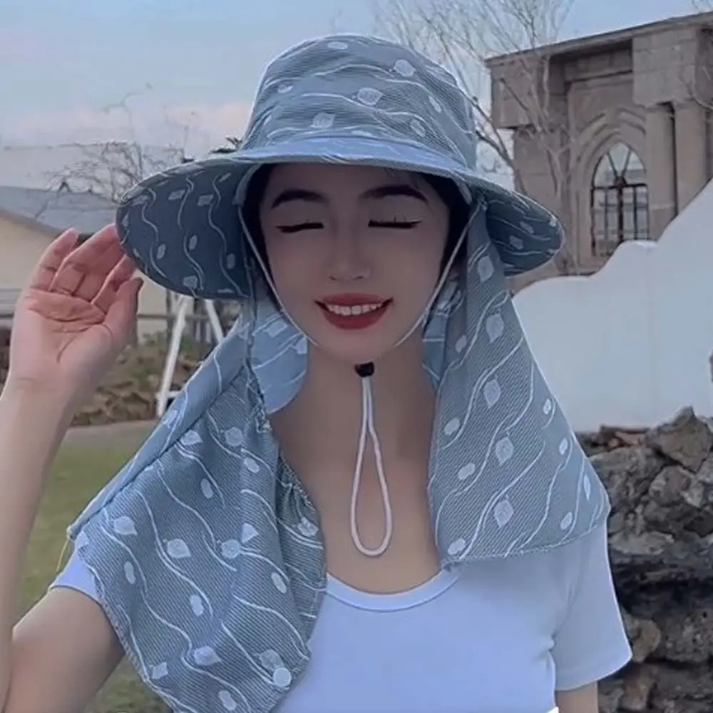 Portable Leaf Print Women Sun Hat Sun Protection Neckline Mask Cover Face Cap Face Mask Farm Work Cap Tea Picking Hat Climbing