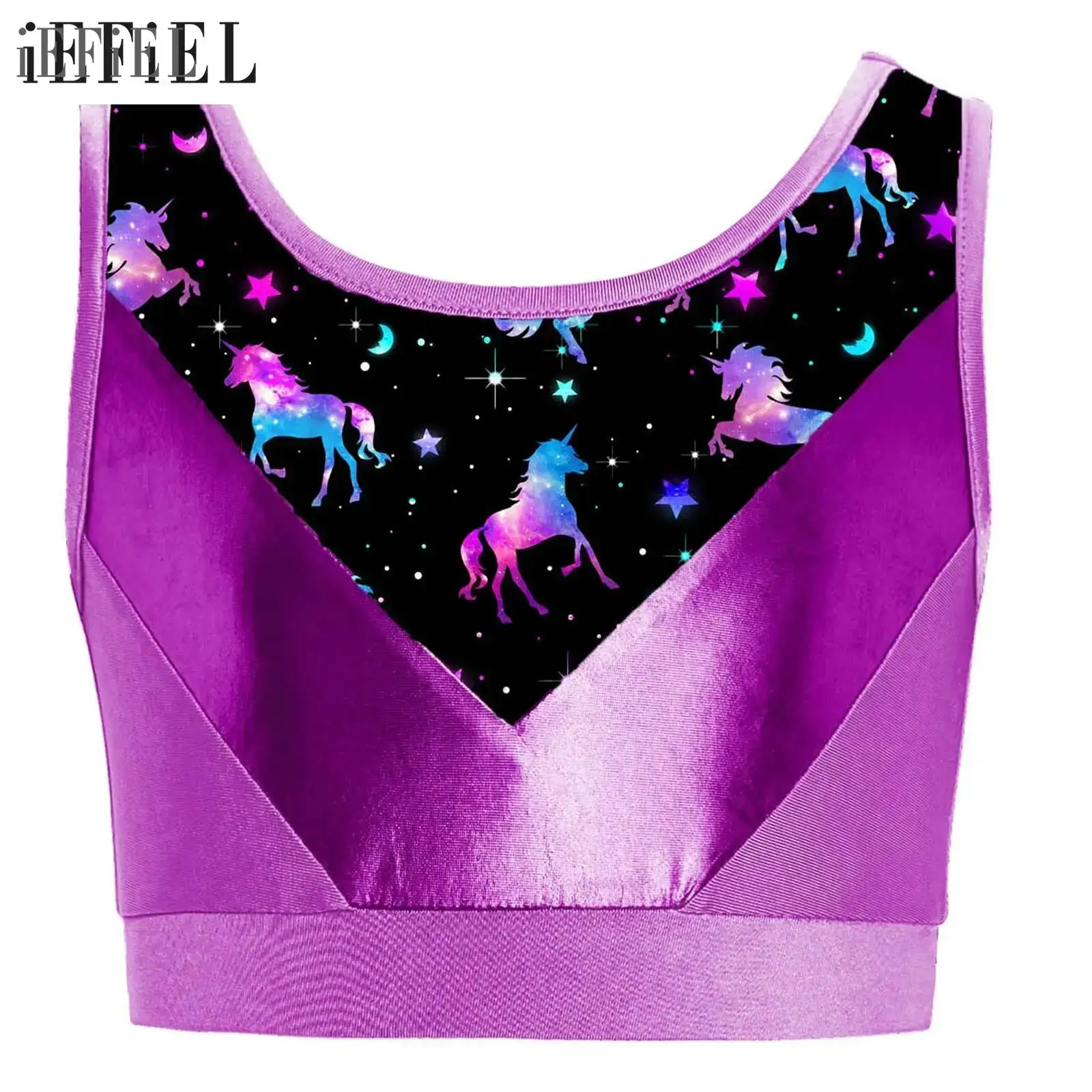 

Kids Girls Ballet Crop Tops Athletic Vest Sleeveless Metallic Printed Patchwork Crop Tank Top for Sports Yoga Gymnastics Dance