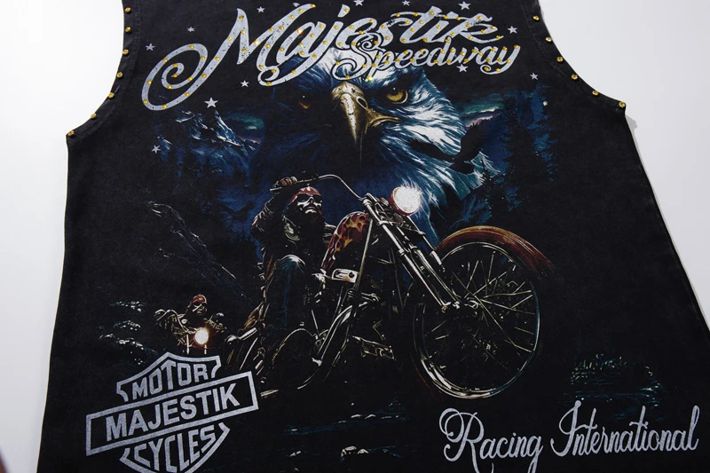 American Street MAJESTIK Sleeveless Tshirts Heavy Industry Hotfix Rhinestone Letter Eagle Motorcycle Tank Tops Men Women Vest
